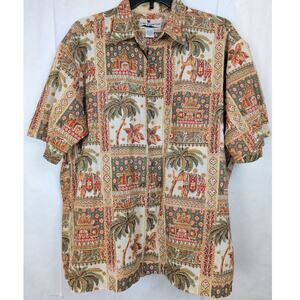 Vintage Island Connection brown elephant tropical button up top Size Med Retro